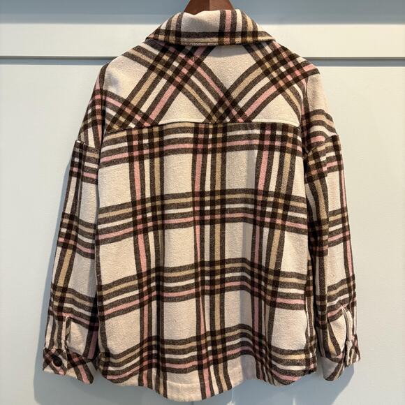 Cavalini Jacket Women Medium Brown Pink Cream Plaid Shacket Button Pockets Fall‎ - Picture 6 of 10